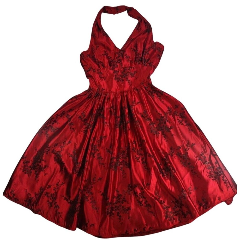Y2K Red Halter Midi Oriental Asian Satin Feminine Prom Floral Jacquard Dress - L
